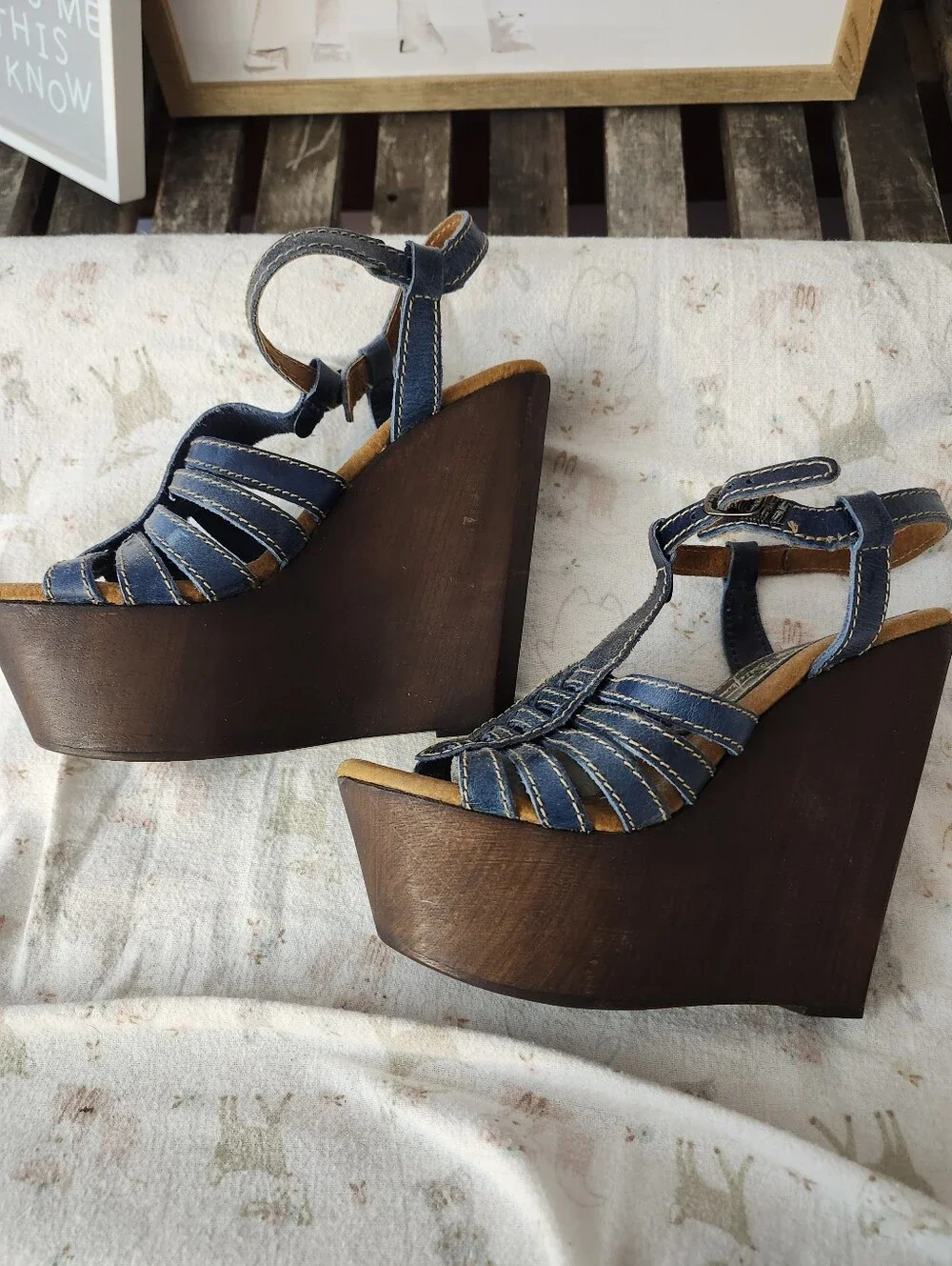 Sbicca Denim Blue Strappy Wedge Sandals